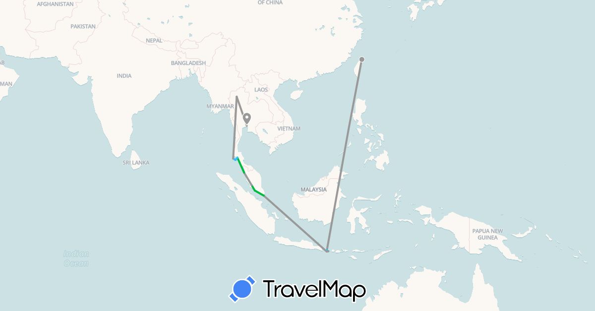 TravelMap itinerary: driving, bus, plane, boat in Indonesia, Malaysia, Singapore, Thailand, Taiwan (Asia)